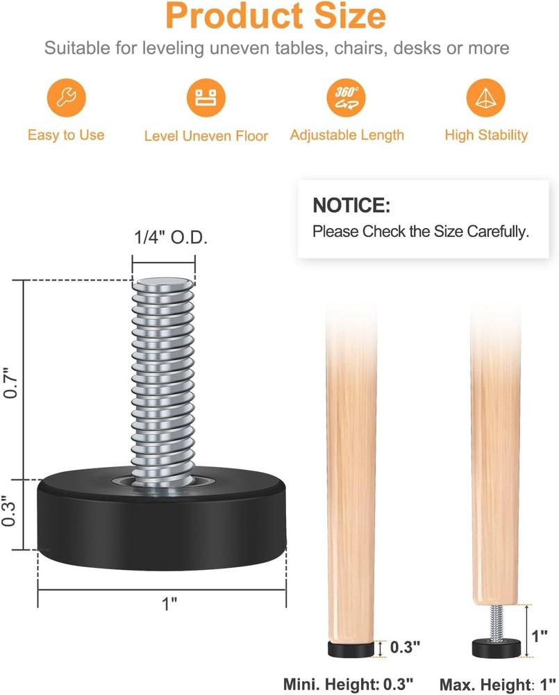 12 Adjustable Leveling Feet 1/4 20 UNC New