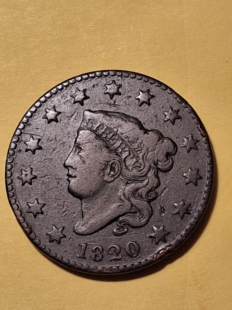 1820 LARGE CENT VF CONDITION. CORONET TYPE. FULL LIBERTY.