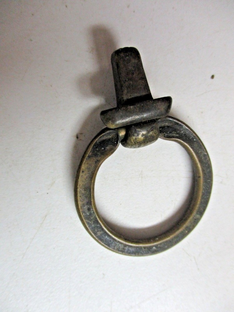 Small 1900s Aged Dark Brass Plated Drop Ring Pull Handle & Backplate 1 Antique