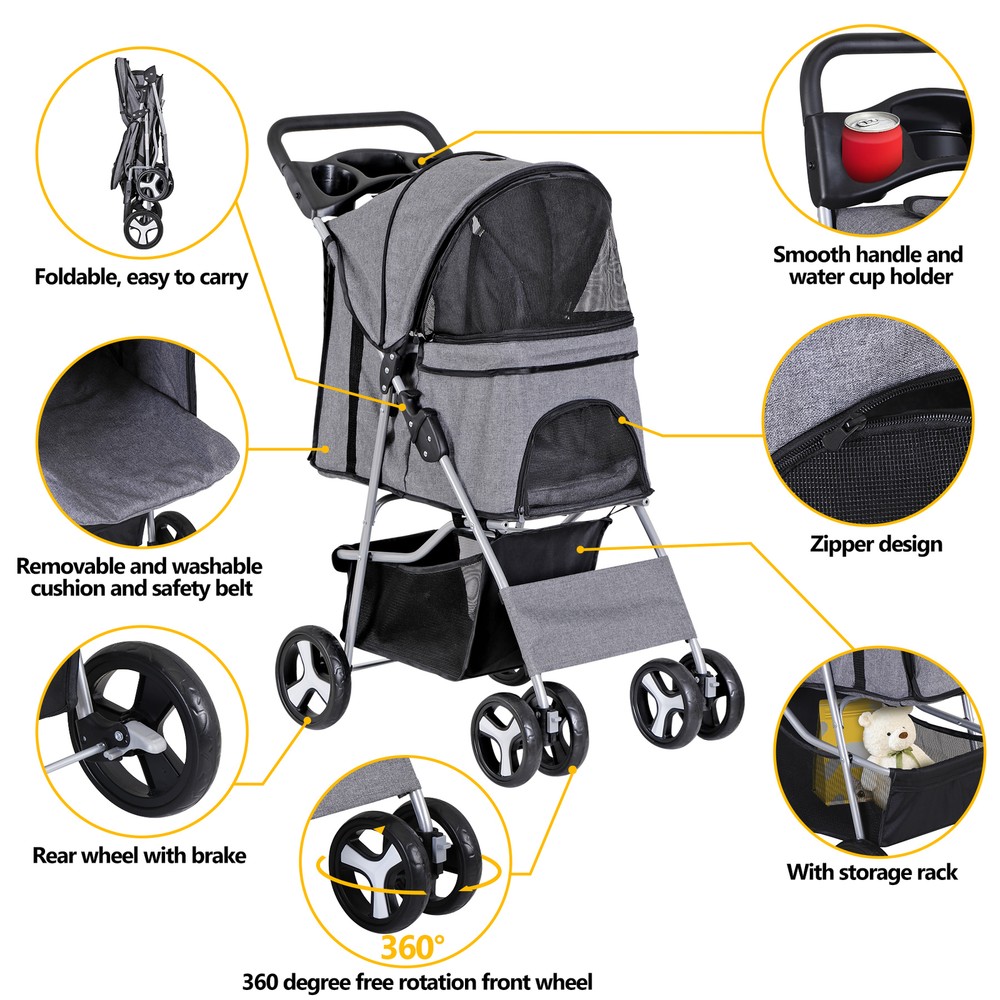 Pet Stroller 4 Wheels Cat Dog Stroller with Cup Holder, Breathable Mesh Grey
