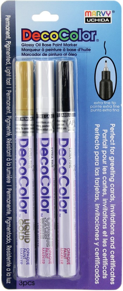 Uchida DecoColor Extra Fine Tip Markers 3/Pkg-White, Gold & Black - 2 Pack