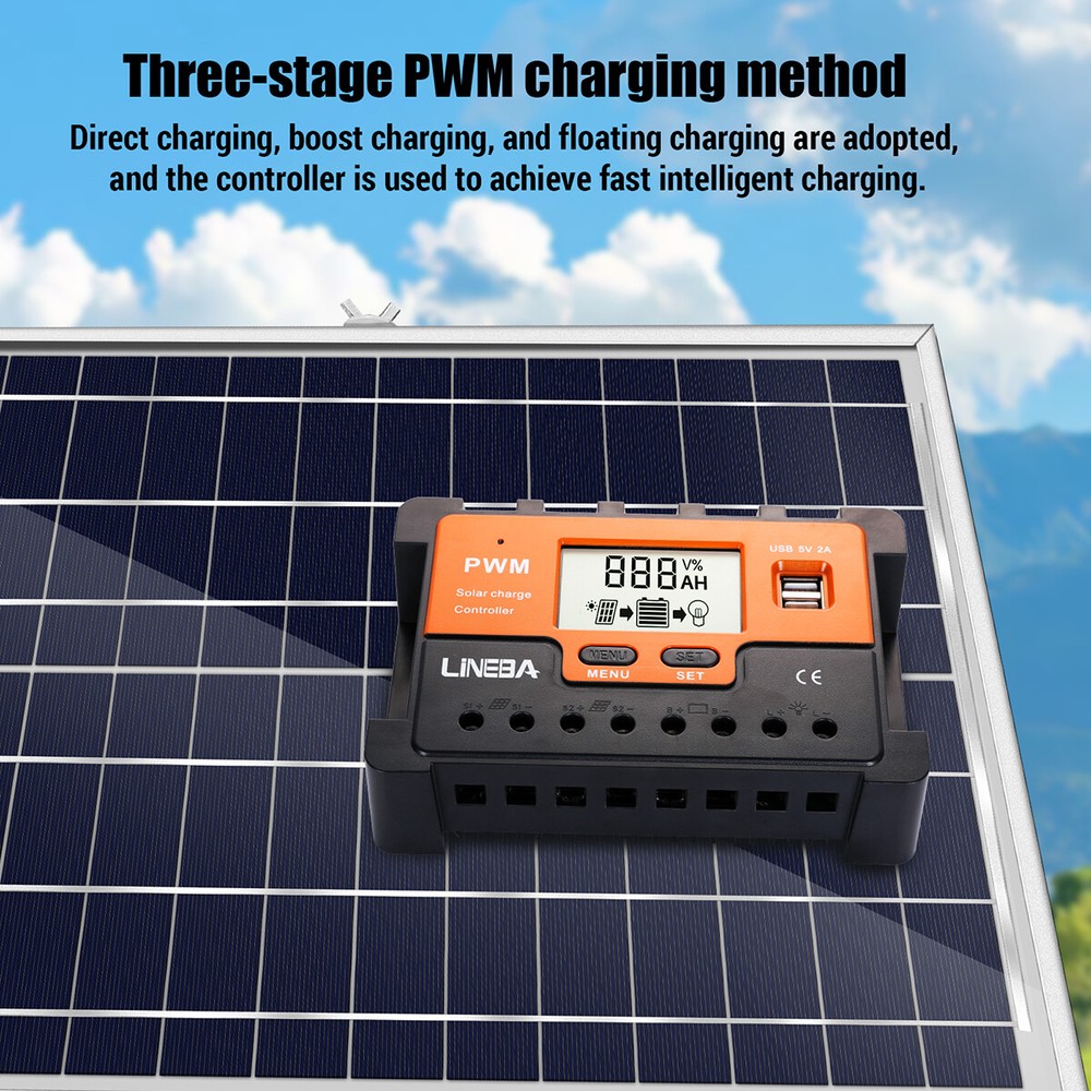 Solar Panel Battery Charge Controller 12V/24V LCD Regulator Auto Track Dual USB