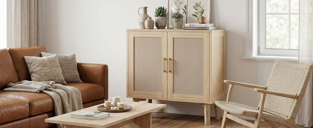 ↑Buffet Cabinet With Rattan Decor Doors Solid Wood Feet Multifunctional