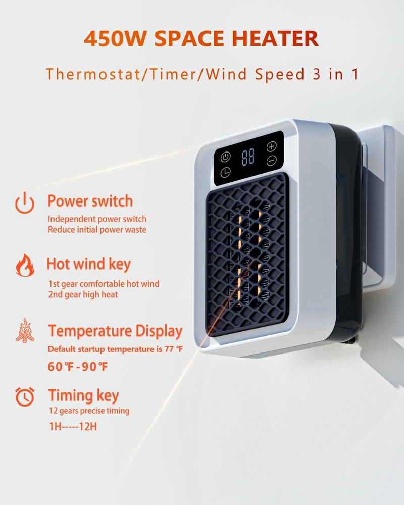 Space Heater Indoor, 450W PTC Programmable portable wall 450w, white