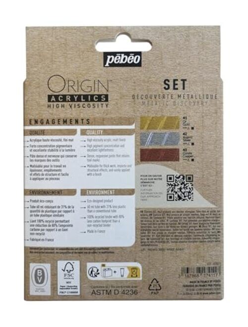 Pébéo-Origin Acrylics-Discovery Set 3x60 ml Gold, Silver & Copper