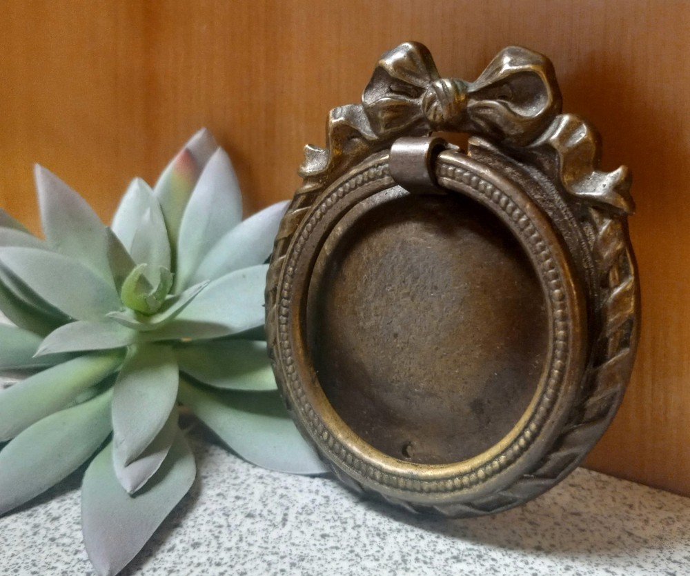 Antique Victorian Cast Brass Ornate Drop Ring Drawer Pull Decorative Makers Mark