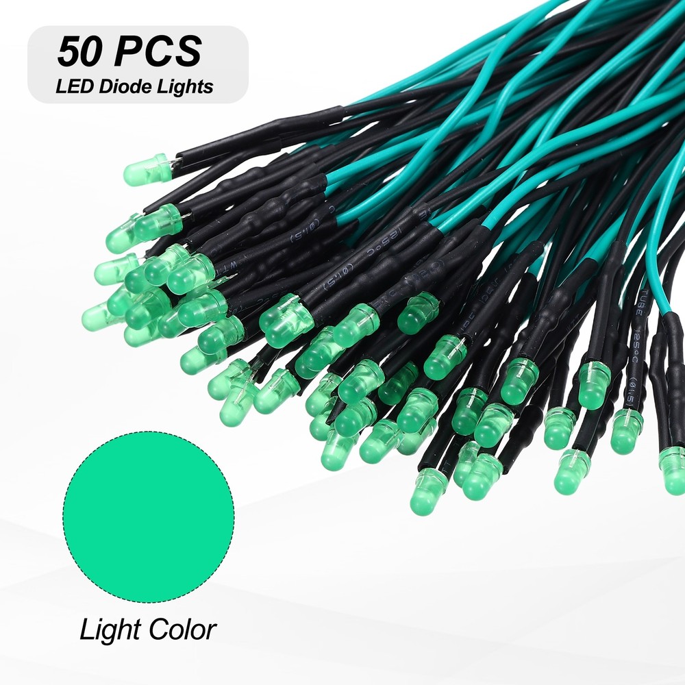 50pcs 3mm LED Diode Lights, Emerald Green DC 12V for Electronics