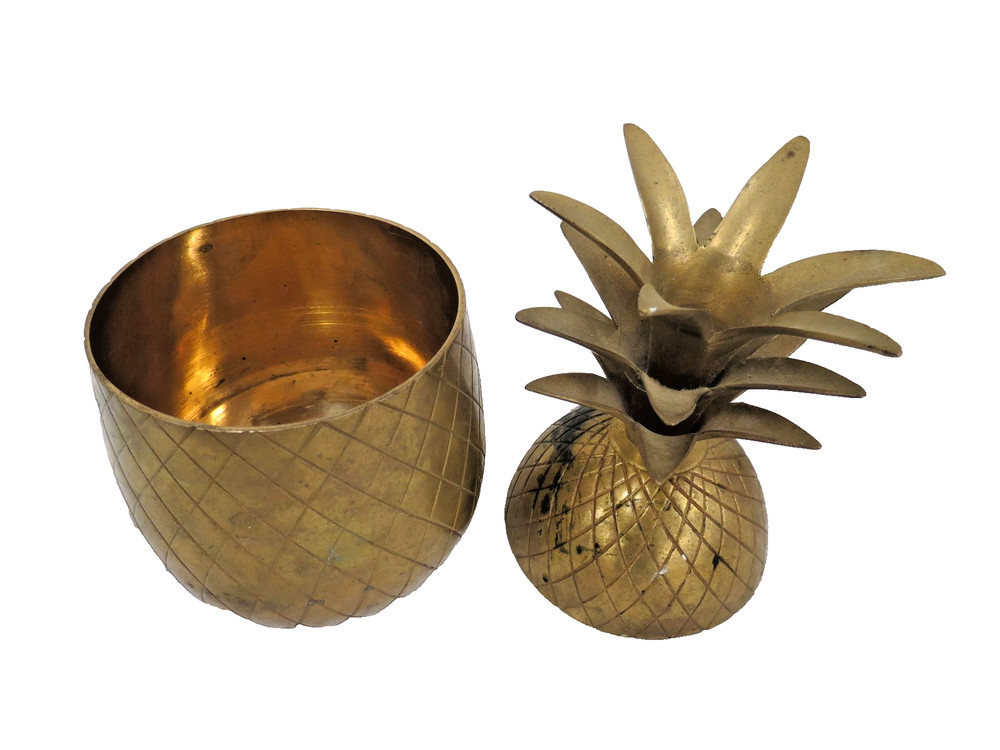 Solid Brass Pineapple Lidded Container Jar Barware Trinket Storage Vintage Style