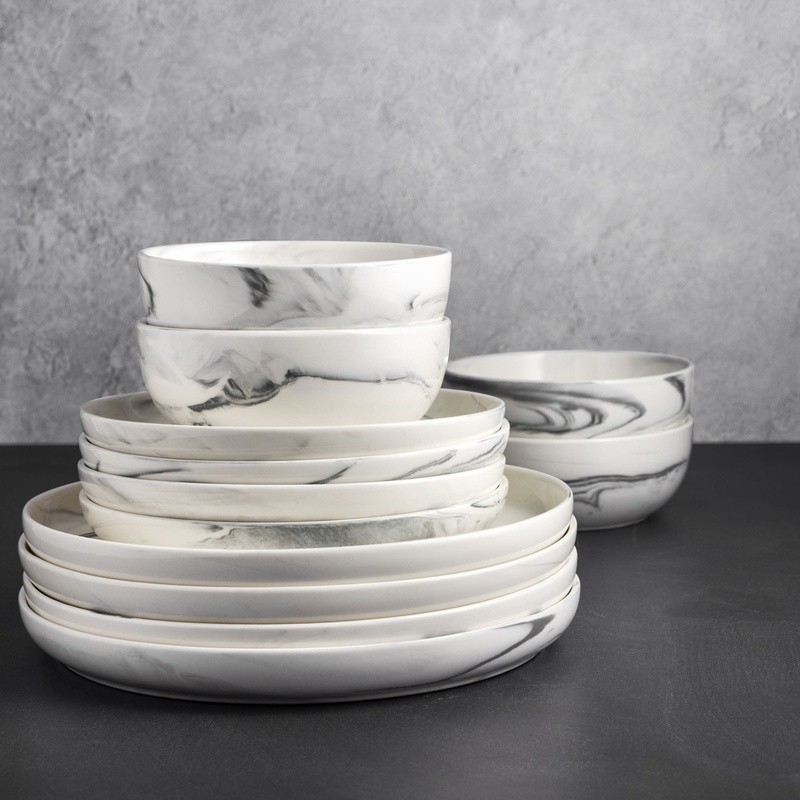 Gray Marble Ceramic Dinner Plate Dishwasher Safe Elegant Dining Tableware New
