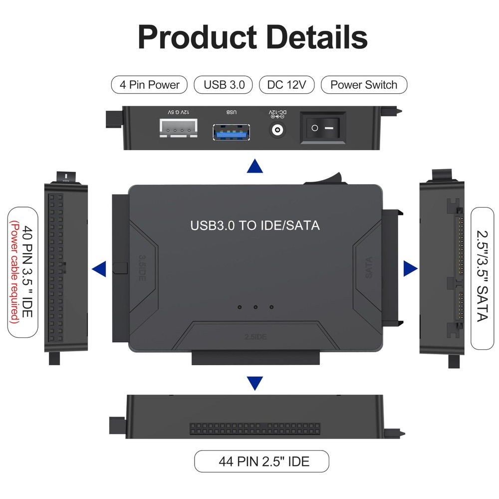 Hard Drive Reader USB 3.0 & Type C to SATA IDE Adapter, Internal Data Black