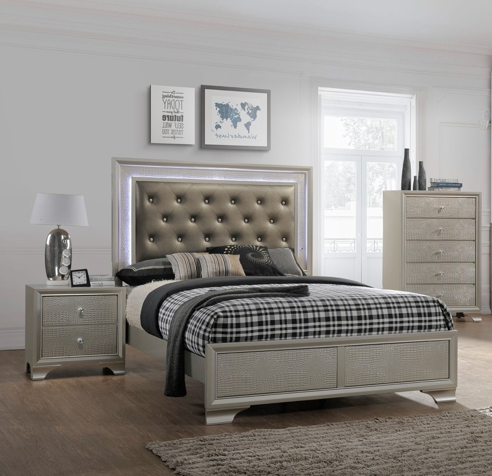 Modern 3pc Full Size Upholstered LED Backlit HB Panel Bed Chest Nightstand Set
