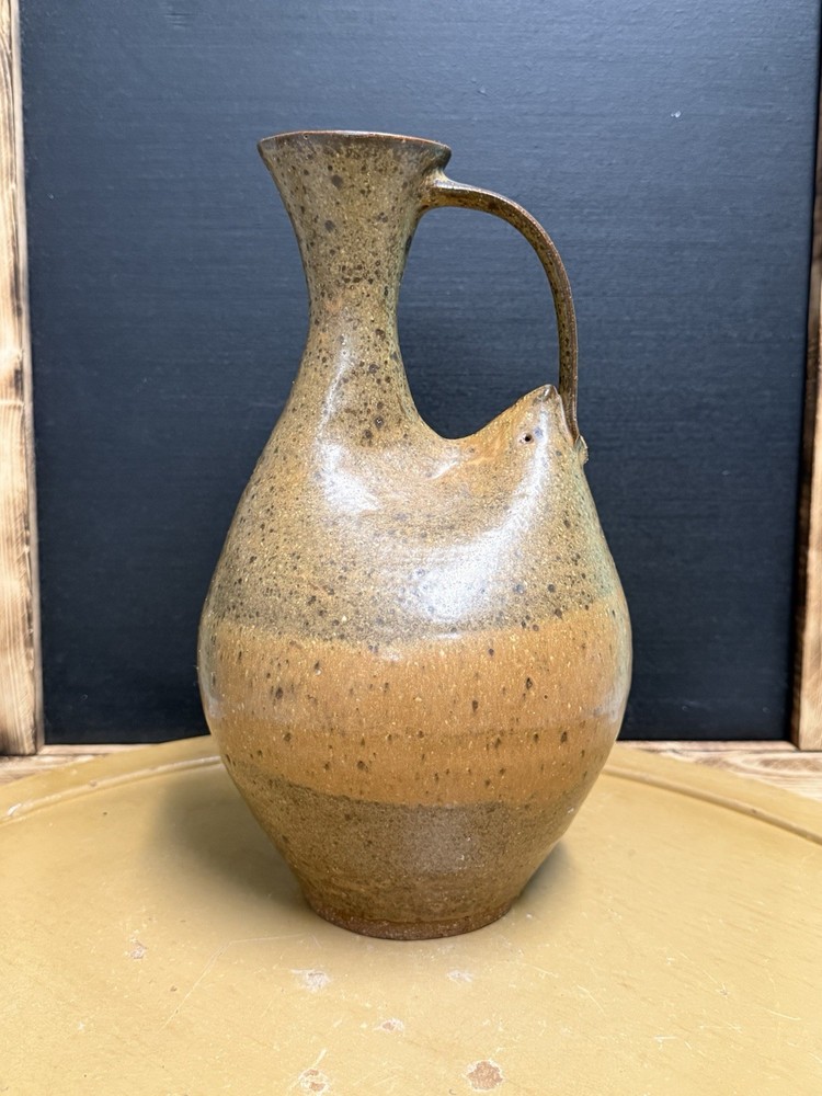Handcrafted Brown/Beige Speckled Art Pottery Pitcher W/pulled Handle