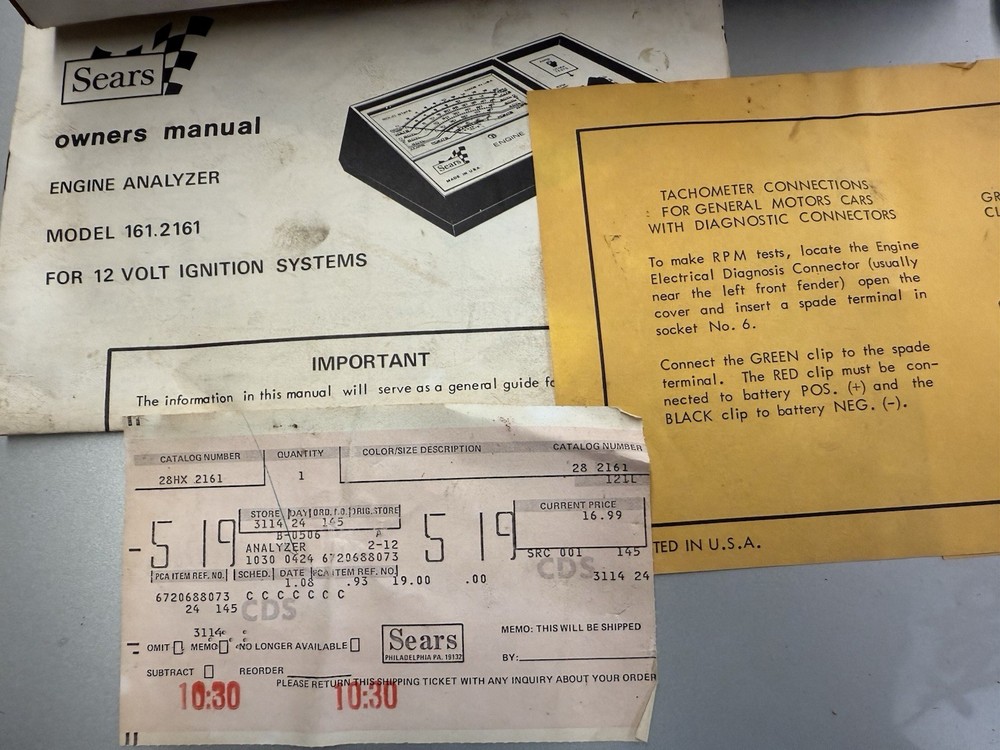 VTG 1970's Sears Engine Analyzer 161.2161 12V Volt Ignition Systems Instructions