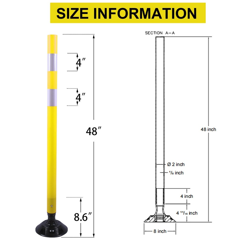 8 Pack 48 Inch Yellow Delineator Post Traffic Cones with Fixable Base