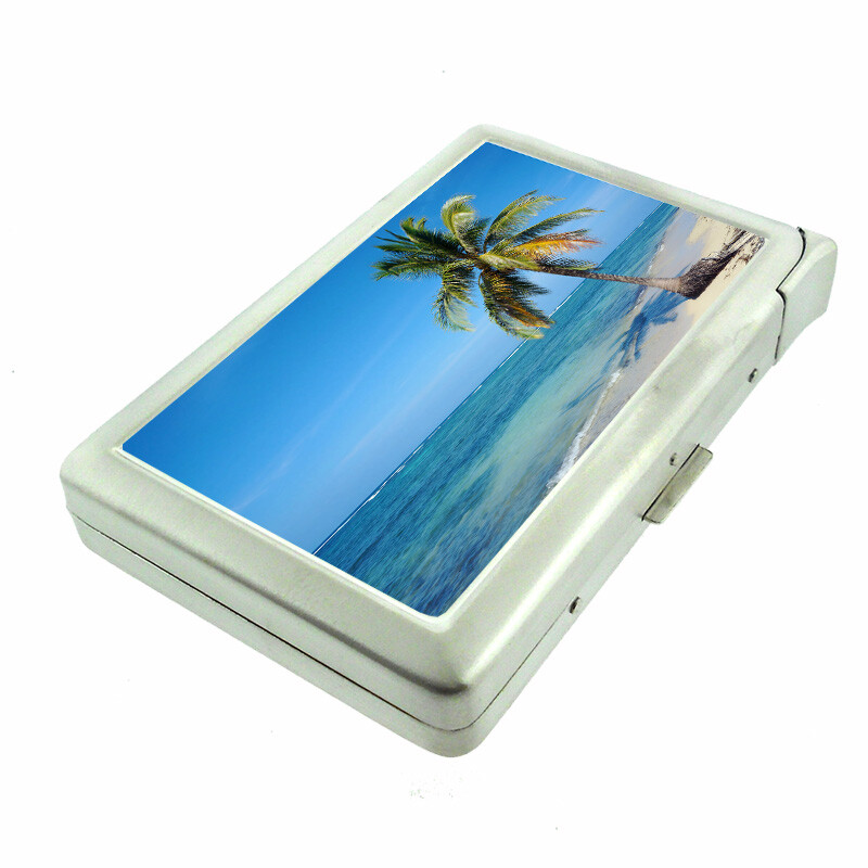 Beach Scene Em1 Cigarette Case with Built in Lighter Metal Wallet
