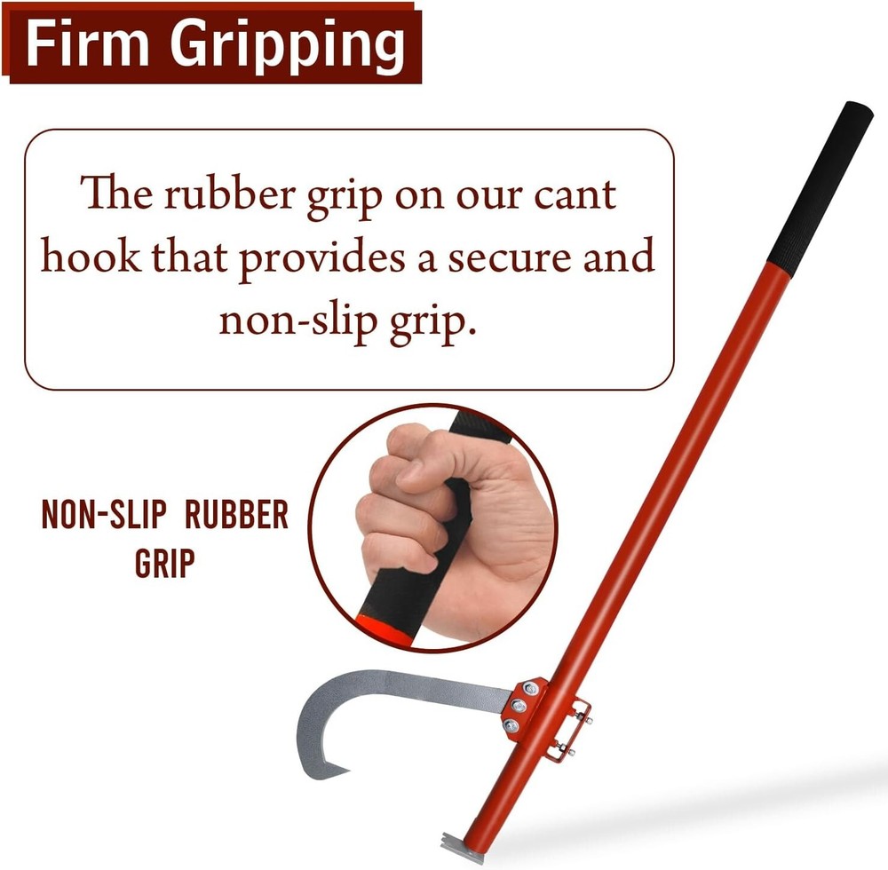 Cant Hook - 48" Wood Log Moving Tool With Adjustable Hook & Rubber Grip Handle