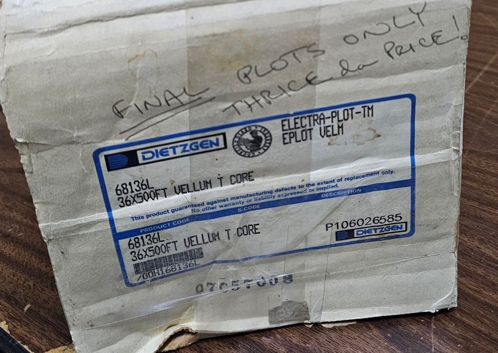 Dietzgen Electra-Plot-TM Eplot Vellum 68136L | 36" x ~250' Part Roll | 3" T-Core