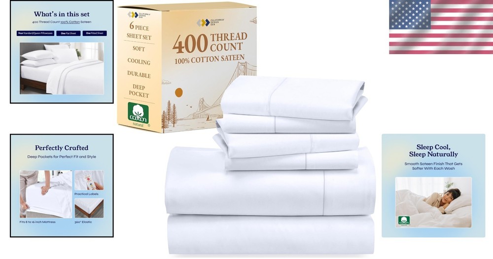 Cooling & Durable 6-Piece Queen Cotton Sheet Set - Eco-Friendly Luxury Bedding