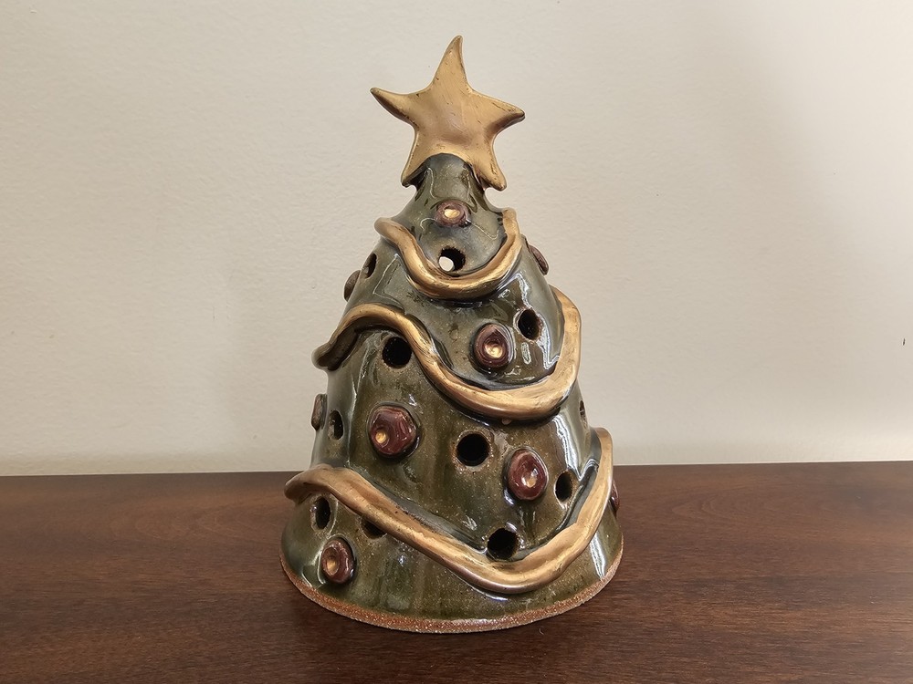 Ceramic Christmas Tree Tea  Light Holder 6"