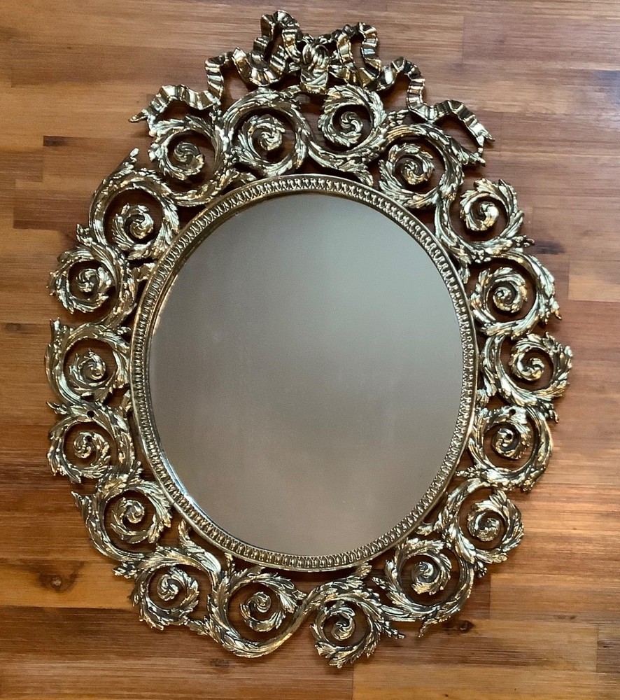Ornate Victorian Solid Brass Oval Wall Mirror Bow & Laurel Rosettes 18” x 14.5”