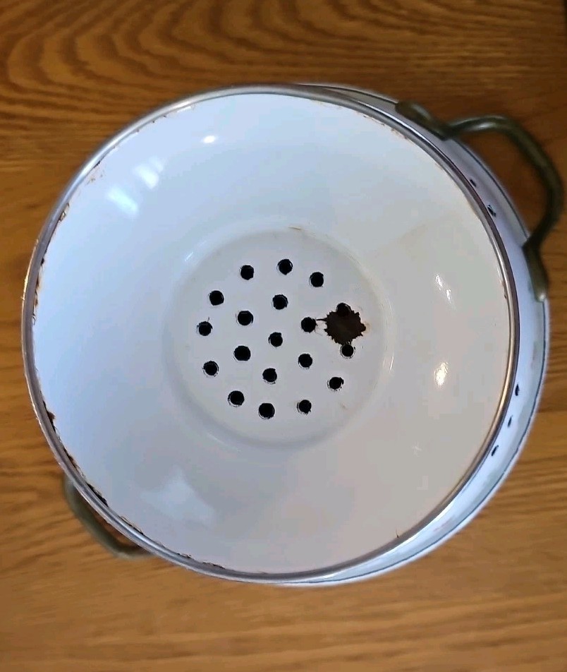 Enamel Kitchen Colander, Brass Handles, White With Red Blue Floral Pattern