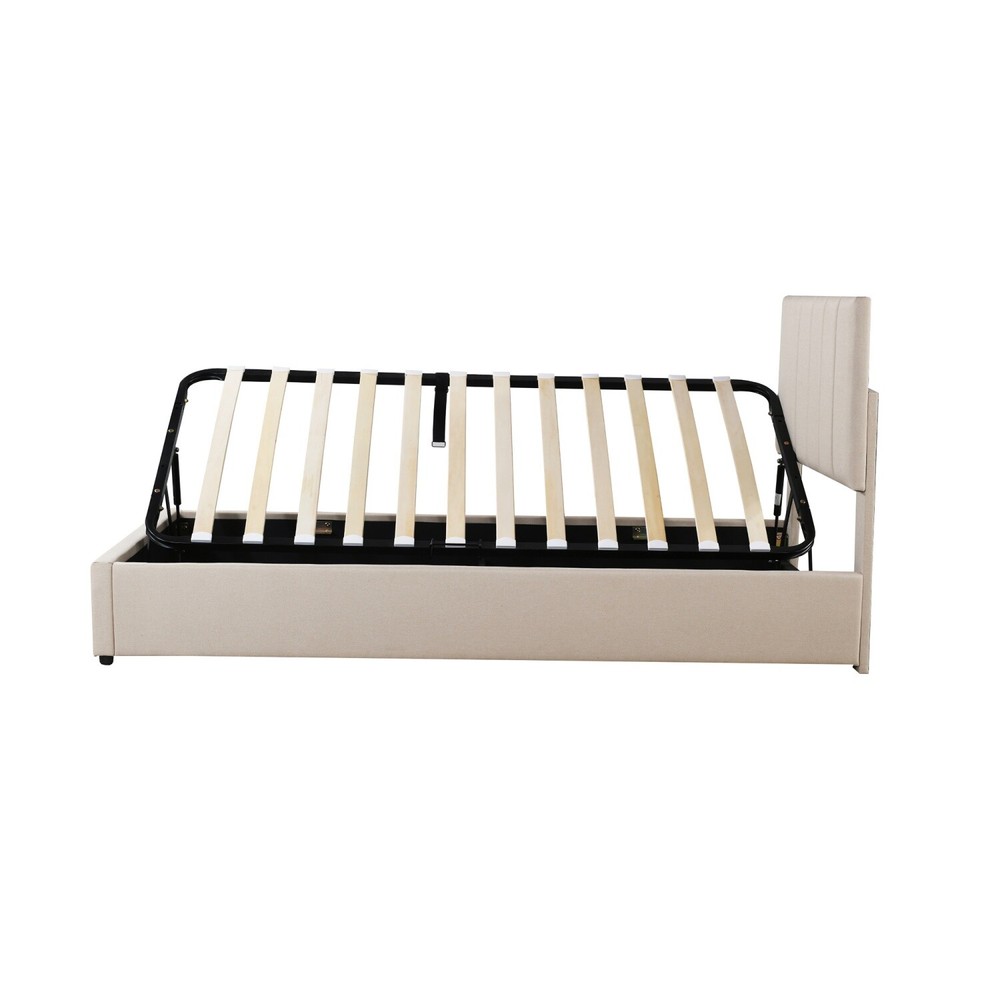 Twin Size Linen Upholstered Platform Bed with Hydraulic Storage System Beige