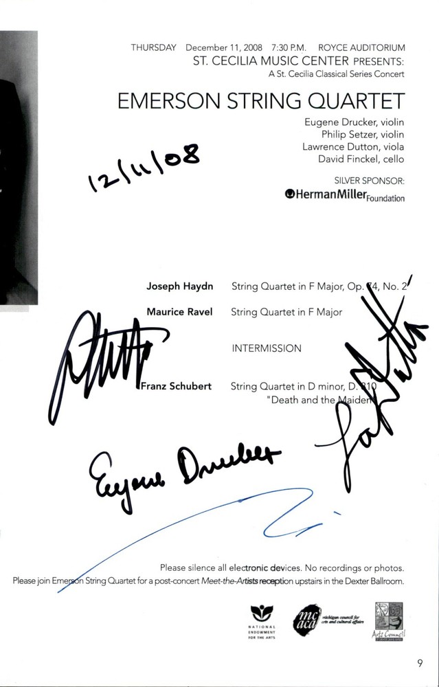 Emerson String Quartet Signed 5.5x8.5 Concert Flyer Signed By All 4 Members