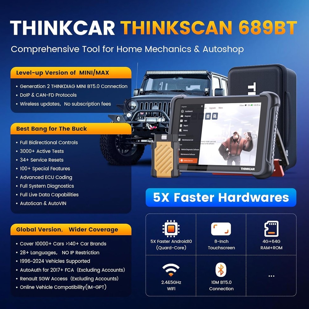 ThinkScan 689BT Car Key Programmer TPMS Relearn Combos OBD2 Scanner FREE UPDATE
