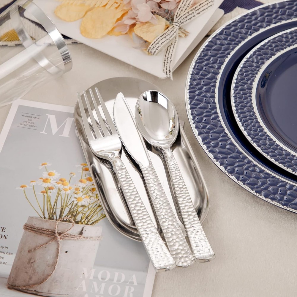 PCS Plastic Plates - Blue Disposable Plate include 50 Blue and Silver 150