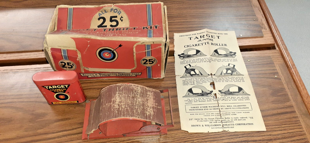 Target Junior Cigarette Rolling Machine, box & tin, Vintage 1931