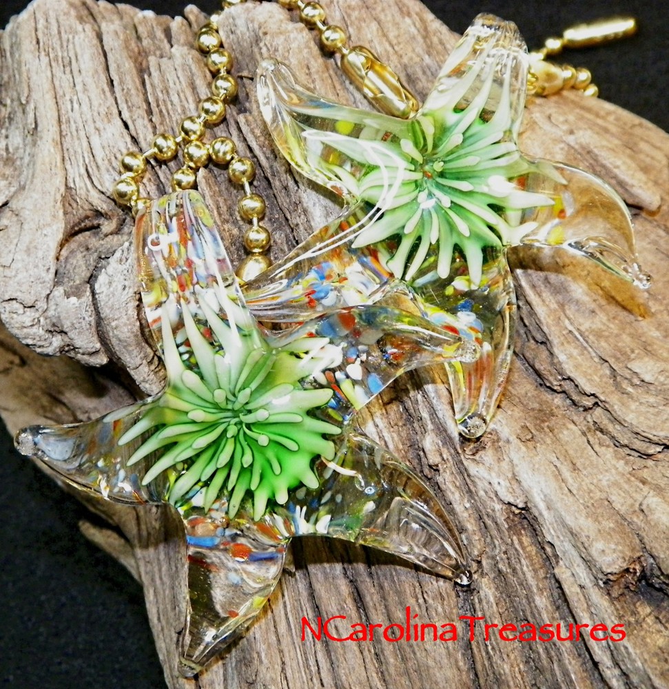 FIRE BURST GREEN STAR STARFISH GLASS CEILING FAN LIGHT SWITCH PULL LARGE PAIR
