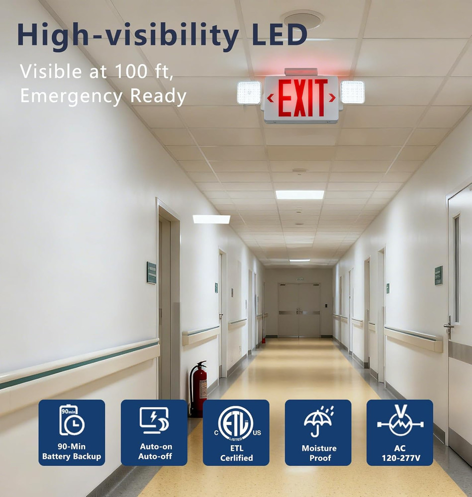 Exit Signs with Emergency Lights, Adjustable Double Head - Hardwired with Batter