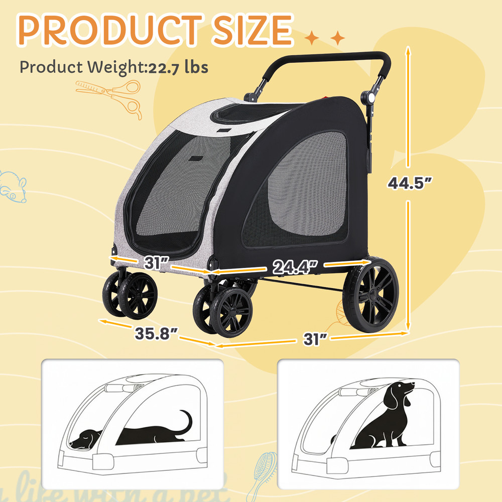 Danrelax Large Pet Stroller for Large/Medium Dogs, 77 lb Capacity