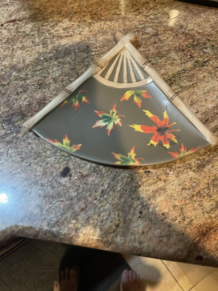 Green Ceramic Bamboo Trinkets Dish With Fall Colored Leaves 12.5”