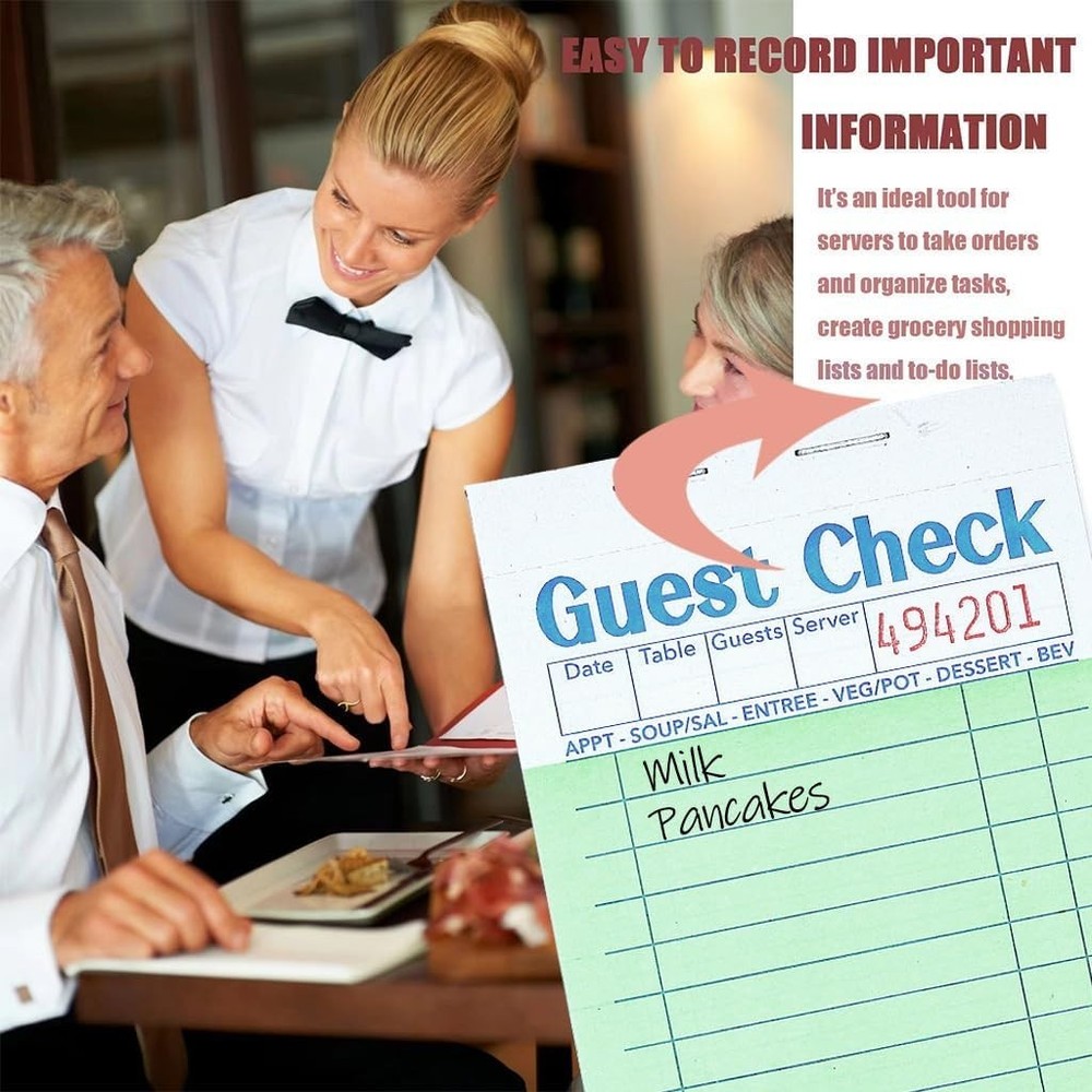 Waitress Notepad 6 Pack - Perforated Green Guest Checks for Efficient Ordering