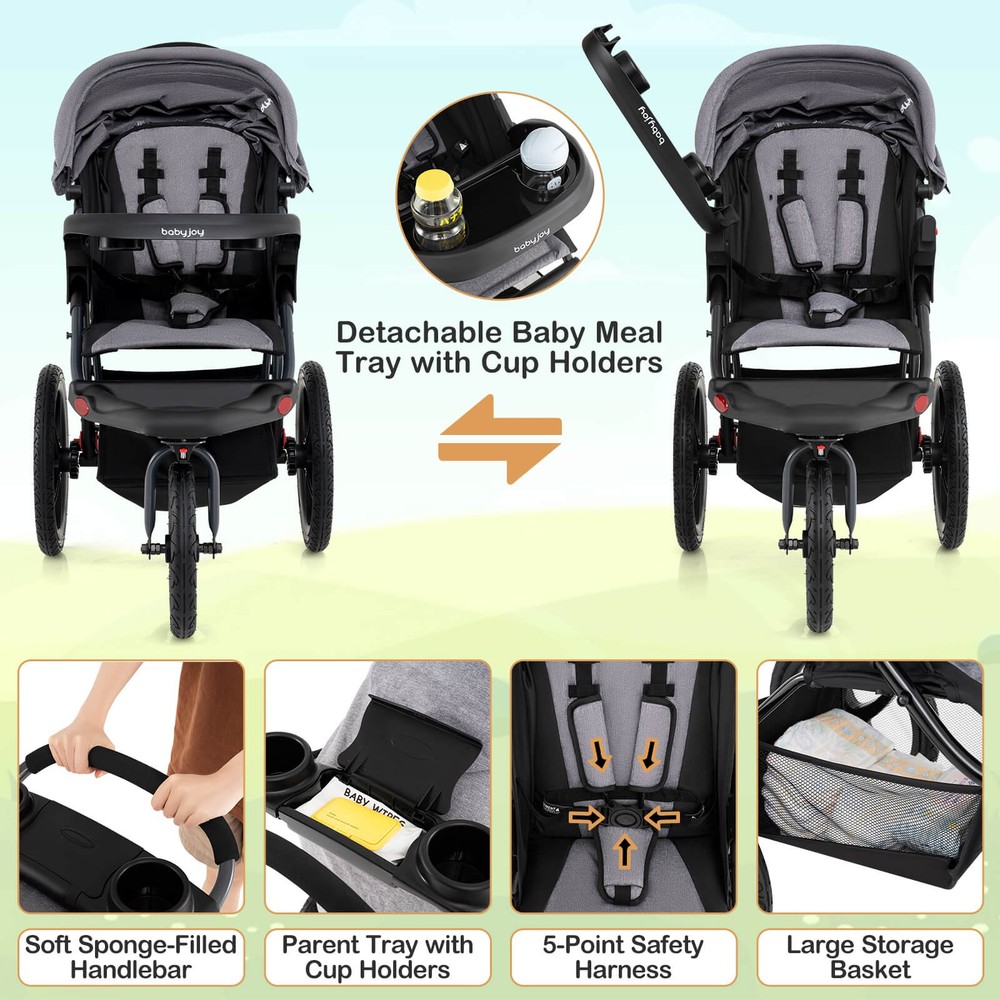 Jogging Stroller Foldable Jogger w/Adjustable Canopy Detachable Tray Cup Holders