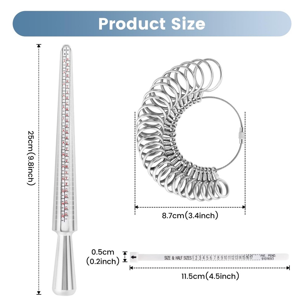 Ring Sizer Measuring Tool Set, Sizing Kit, Metal Finger Silver