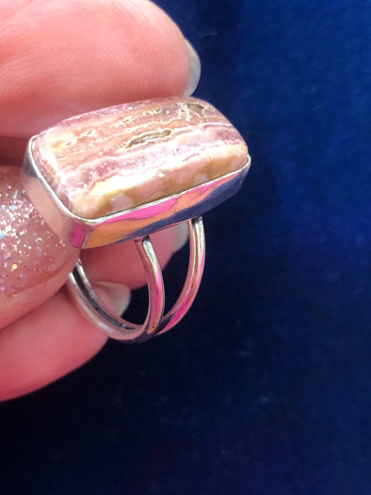 Pink Rosy Rhodochrosite Rectangular Ring Sz 10 Old West Artisan Handmade