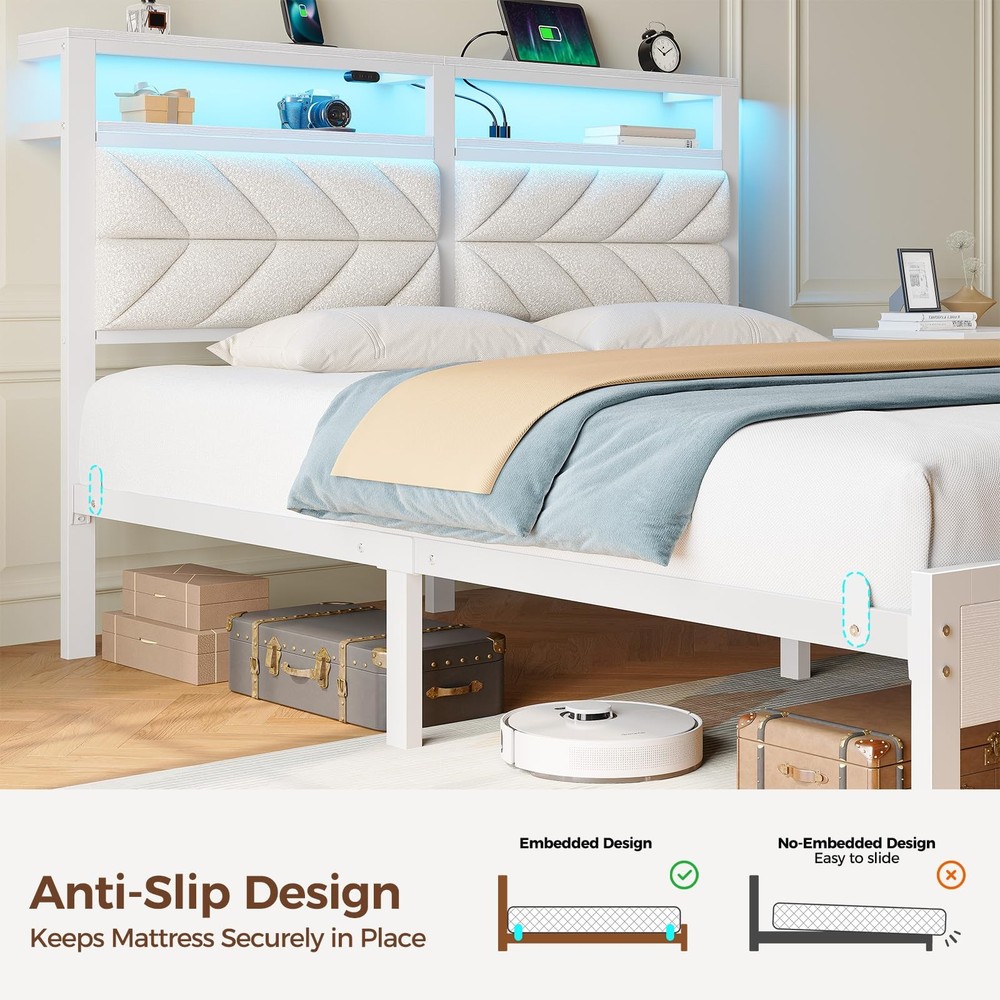 Twin Bed Frame LED Charging Station Upholstered Storage White Seventable Size
