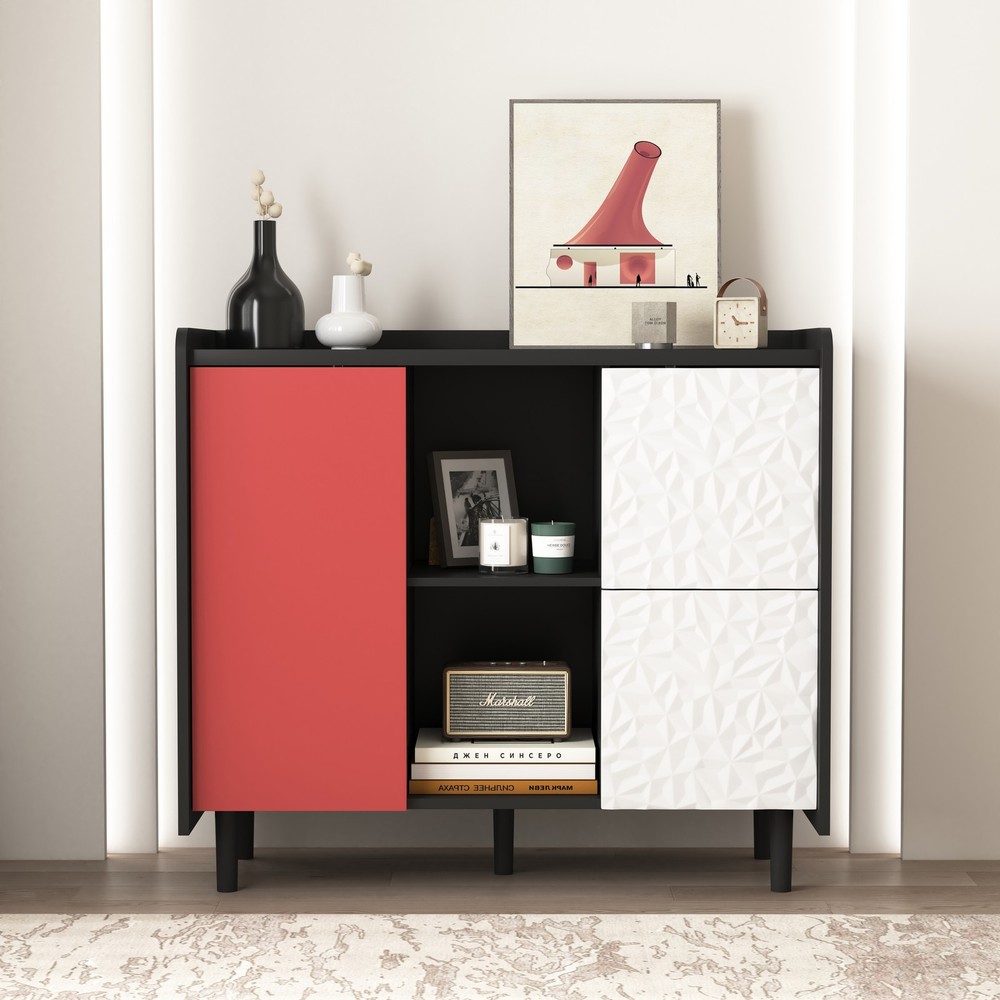 Sideboard Buffet Cabinet, Black Storage Cabinet with Red Doors , 2 Drawers wit