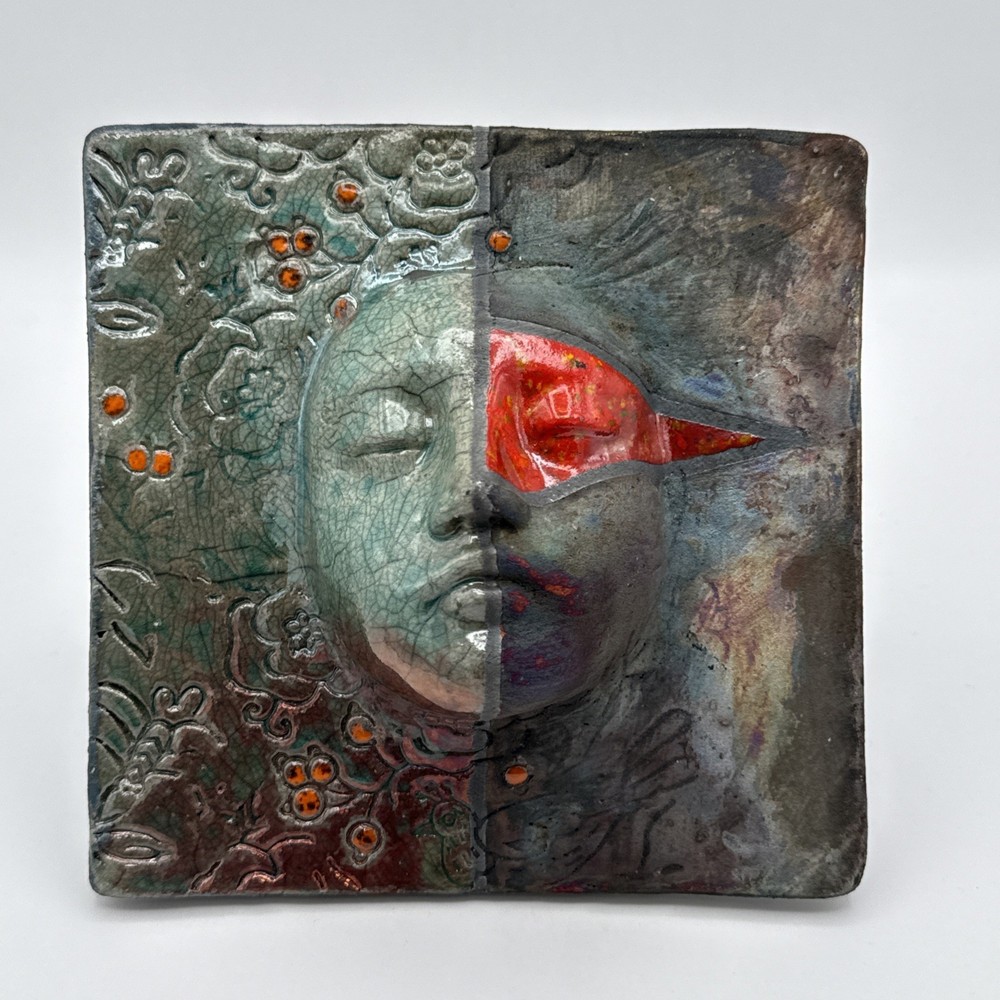 Sergio Naduville Studio Pottery Ceramic Mask Face Tile 7”x7” Signed & Dated 2002