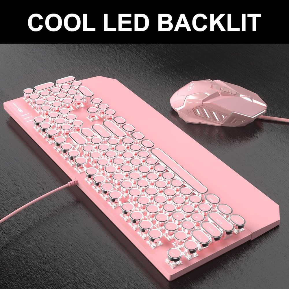 Retro Pink Typewriter-Style Keyboard and Mouse Combo, Cute Light Up Wired Mec...