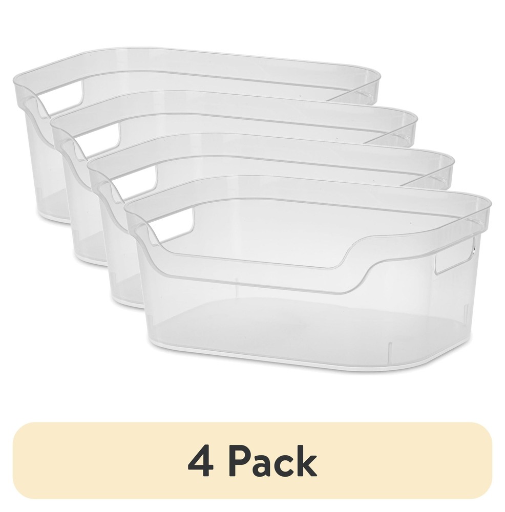 (4 pack)  Medium Open Bin, Clear Plastic, Easy Access Bin with Scoop Front