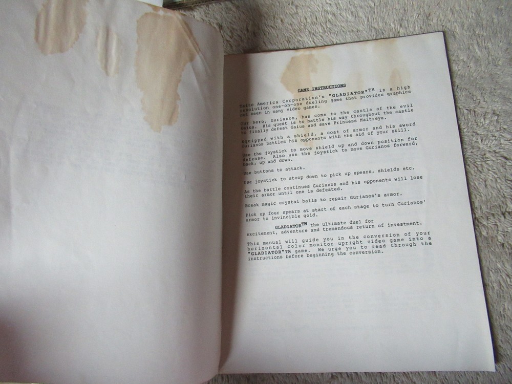 Original dirty GLADIATOR TAITO arcade video game manual