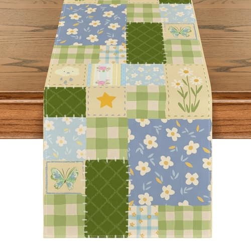 Patchwork Buffalo Plaid Floral 210 GSM Spring 13" x 72", Table Runner Green