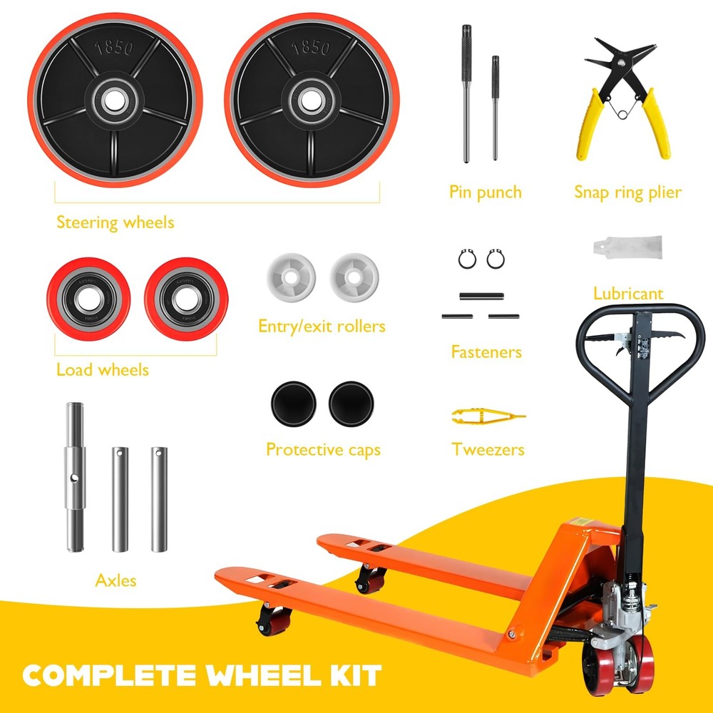 Pallet Jack Wheel Kit Red Polyurethane 7"x2" Steering 3"x3.75" Load Rollers