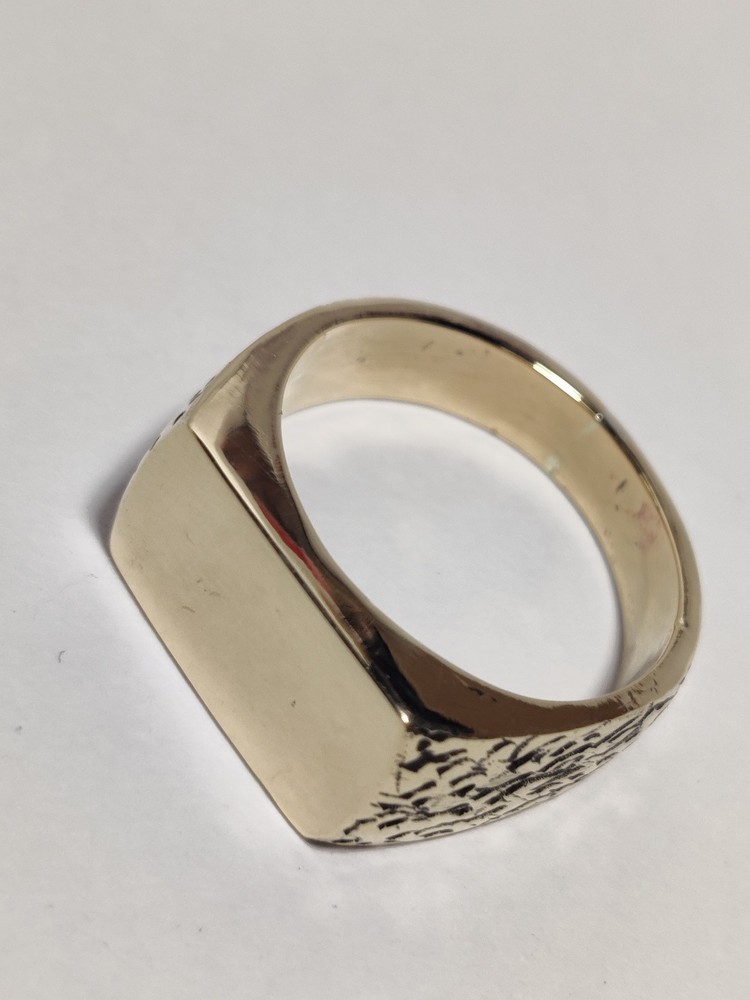 Solid 925 Sterling Silver Gold Plated Rectangle Signet Ring - Textured Men's Ban