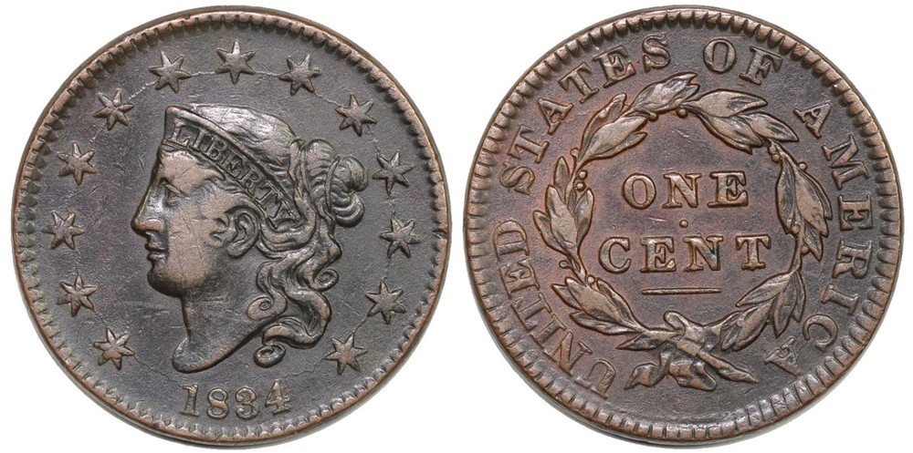 1834 1c Coronet or Matron Head Large Cent