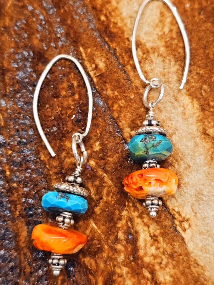 Orange Spiny Oyster & Crysocolla Sterling Artisan Earring