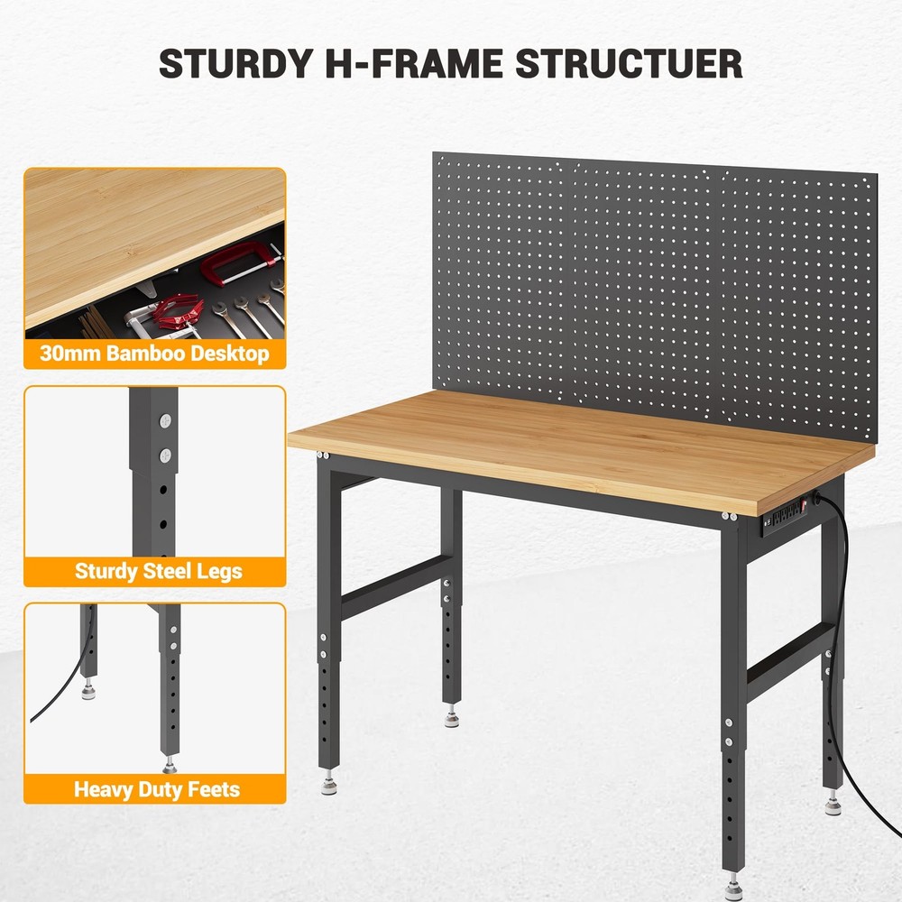 48" Workbench with Pegboard Wall,2000lbs Garage Table, 28-40" Adjustable Height